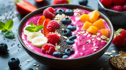 A vibrant smoothie bowl with fresh fruits and superfoods.
