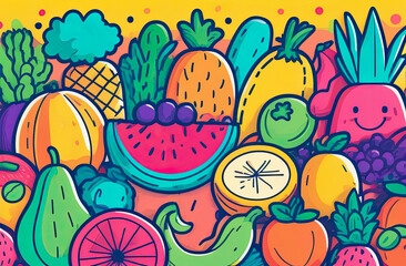 Fruits, vegetables, healthy diet concept, exotic colors combinations, illustration in simple 1980s retro style, ready-made design for table clothe, placemat and other basics kitchen staff