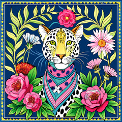 Chic Leopard Print: Scarf Decorated with Baroque Floral Motifs