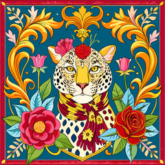  Wild Touch: Elegance of Leopard Print and Baroque Florals on a White Scarf