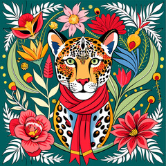  Leopard Elegance Embellished with Flowers: Scarf Enhanced with Baroque Touches