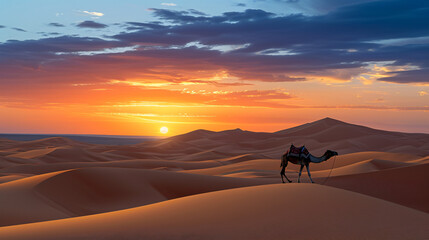 Fototapeta na wymiar A vibrant sunset over the Sahara Desert with golden sand dunes and a solitary camel silhouette.