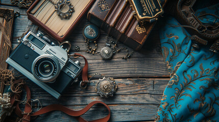 A vintage collectors flat lay with antique trinkets old books a classic camera and vintage jewelry displayed on a textured aged wood surface. - obrazy, fototapety, plakaty