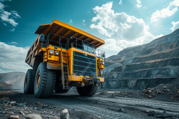 Yellow dump truck in quarry, Coal mining in an open pit