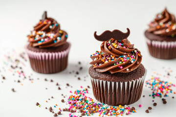 Chocolate cacao cupcakes with moustache and sprinkles decor, fathers day concept