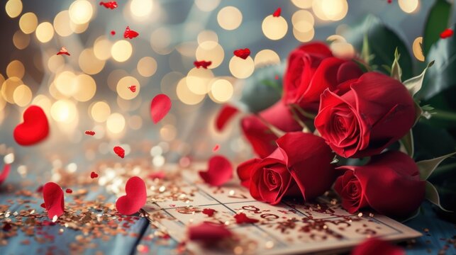 Valentine's day concept with copy space. Love and sharing. Red roses with red confetti falling on bokeh background.