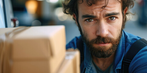 Concerned expression of an entrepreneur holding a package reflecting on the new taxes period