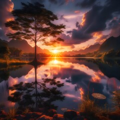 Photograph a sunset over a tranquil lakeside with reflection on the water.