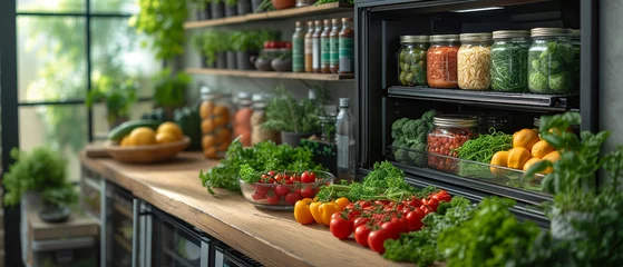 Fotobehang Fresh vegetables in jars on shelves in kitchen, panoramic banner © BoOm