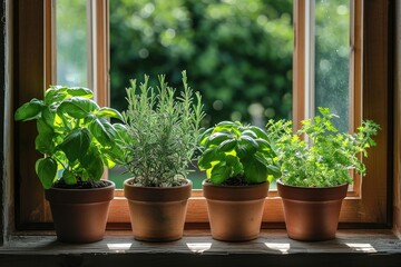 Fresh green herbs, basil, rosemary and coriander in pots placed on a window frame. 