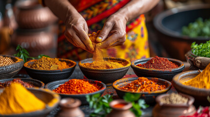 Close up of Indian woman's hand holding Indian curry powder in a bowl