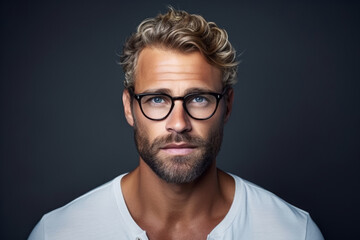 portrait of an adult charismatic man with glasses in a beautiful frame. optics, vision correction and eye imperfections. modern eyeglasses for vision.