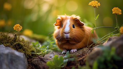 cute guinea pig sitting in high grass - obrazy, fototapety, plakaty