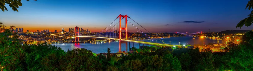 Foto op Plexiglas Tower Bridge Istanbul Bosphorus panoramic photo. Istanbul landscape beautiful sunset with clouds Ortakoy Mosque, Bosphorus Bridge, Fatih Sultan Mehmet Bridge Istanbul Turkey.Best touristic destination of Istanbul