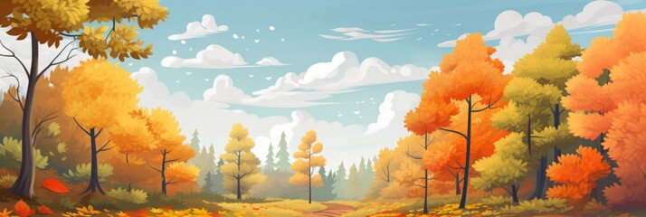 autumn landscape, panorama. nature, yellow-orange trees in the forest. fall. cartoon style.
