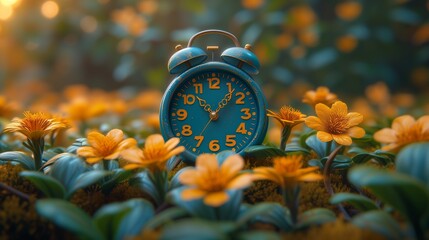 there is an alarm clock in flowers. Generative AI - obrazy, fototapety, plakaty