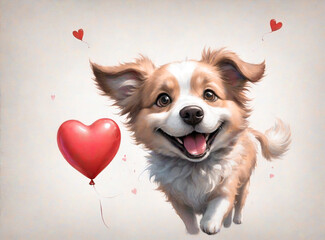 Fototapeta na wymiar Adorable little puppy drawn on a white background runs happily among balloons