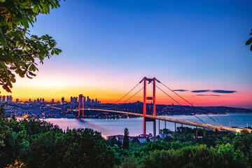 Fototapeta na wymiar Istanbul Bosphorus panoramic photo. Istanbul landscape beautiful sunset with clouds Ortakoy Mosque, Bosphorus Bridge, Fatih Sultan Mehmet Bridge Istanbul Turkey.Best touristic destination of Istanbul