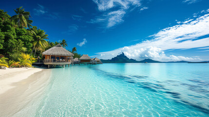 A relaxing beach holiday in Bora Bora featuring overwater villas crystal-clear lagoons and palm-fringed shores.
