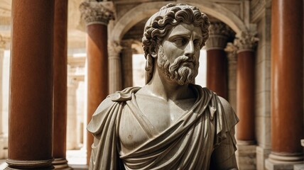 Photorealistic stoic greek marble statue in temple, Stoics and stoicism motivational and inspirational quotes