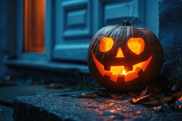 carved and illuminated jack-o-lantern on a doorstep House with halloween orange pumpkin decoration, jack o lanterns with spooky faces on porch