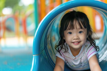 Joyful little Asian girl having fun playing on the tube slide in an outdoor playground on a lovely sunny day. Outdoor fun. Carefree and freedom concept 