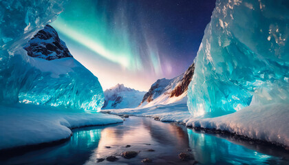 Glacial river flowing through the ice cliffs covered with snow underneath the wonderful northern lights - obrazy, fototapety, plakaty