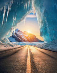 Straight asphalt road leads out of a glacier cave with huge ice crystal cliffs. Beautiful natural view to the sunset over the snowy mountains