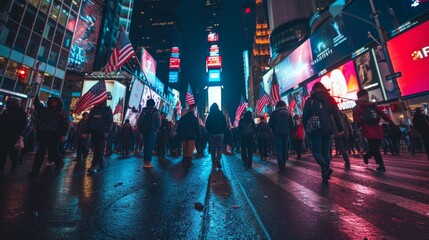 A group of people walk down the street with American flags - obrazy, fototapety, plakaty
