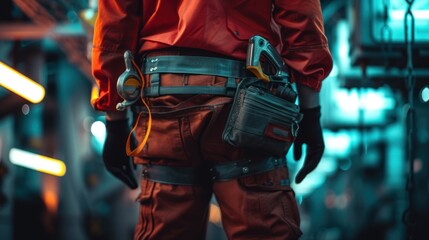 Close-up of Maintenance worker with bag and tools kit wearing on waist. selective focus, text space. - Powered by Adobe