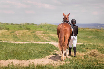 rider leads horse, equestrian competition, rear view, copy space

