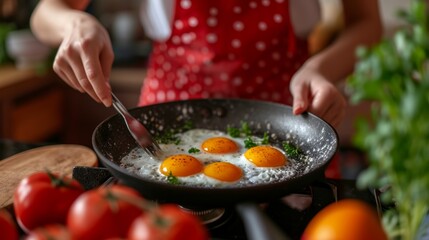 A girl in a red apron prepares fried eggs in the kitchen in the summer morning