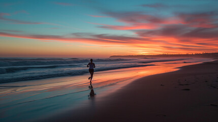 A runner jogging along a beach at sunset with waves in the background.