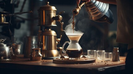 Obraz na płótnie Canvas Slow pour coffee brewing process, hot coffee