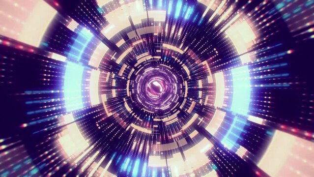 Science Fiction Futuristic Odyssey, Psychedelic Cyberpunk Concept, Flying into a VJ Modern Ultraviolet Neon Spectrum Tunnel with Moving Blue and Red Dots, 3D Seamlessly Looping 4K Experience

