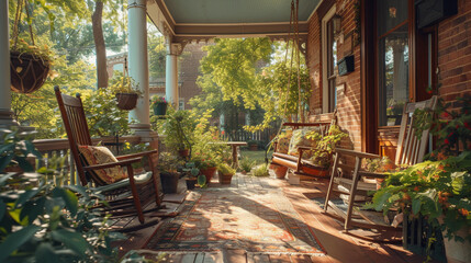 An inviting front porch with rocking chairs, potted plants, and a porch swing, surrounded by colorful flower beds and shaded by a sprawling oak tree. - Powered by Adobe