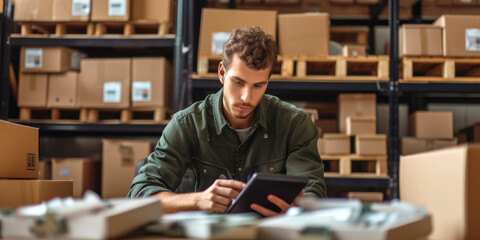 An entrepreneur calculating taxes on a digital device, warehouse boxes background