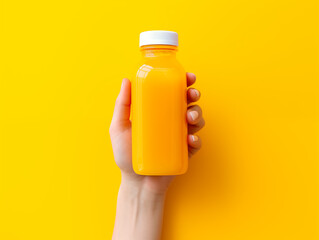 Human hand holding a bottle with orange juice, on bright orange background. Juice bottle mockup