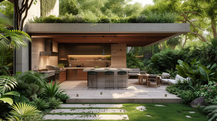 A chic and modern outdoor kitchen with a built-in grill, sleek countertops, and a shaded dining area surrounded by lush landscaping, perfect for al fresco dining and entertaining. - Powered by Adobe