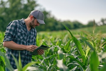 Naklejka na ściany i meble Male farmer and agronomist using digital tablet while examining green corn plants in agricultural field 