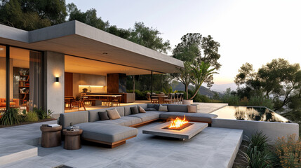 A chic and modern outdoor lounge area with a cozy sectional sofa, a fire pit, and panoramic views of the surrounding landscape, creating the perfect setting for outdoor entertaining and relaxation. - obrazy, fototapety, plakaty