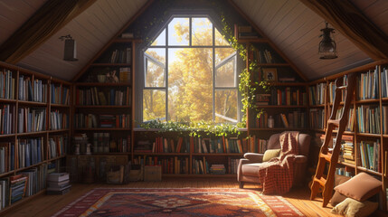 A cozy attic study with a slanted ceiling, built-in bookshelves, and a comfortable reading chair nestled by a dormer window overlooking a peaceful suburban street lined with trees. 
