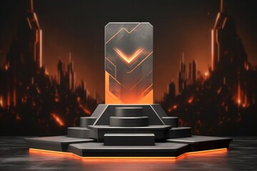 Black podium with abstract gaming background and illuminated mockup display stand for product presentation