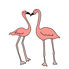 Hand drawn pink Flamingos couple on a white background