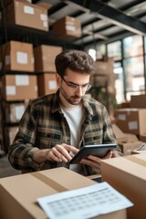 Obraz premium An entrepreneur calculating taxes on a digital device, warehouse boxes background