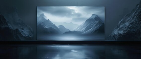 LED television with screen mountain landscape in black and gray colors. AI generated image
