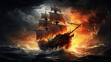 Dramatic scene of pirate ship sailing through stormy sea with jolly roger flag flying high