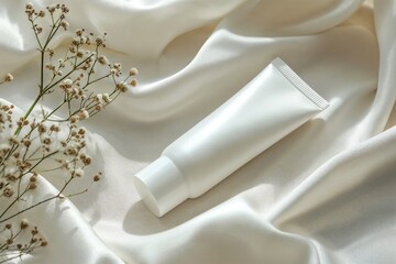 A white cream tube in a commercial photo designed for advertising project, featuring a fashionable composition