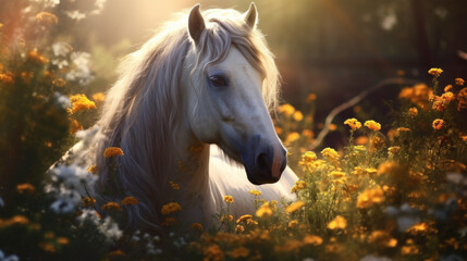 Horse bathed in sunlight, surrounded by wildflowers