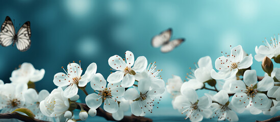 White spring blossoms with butterflies against soft blue background. Spring background